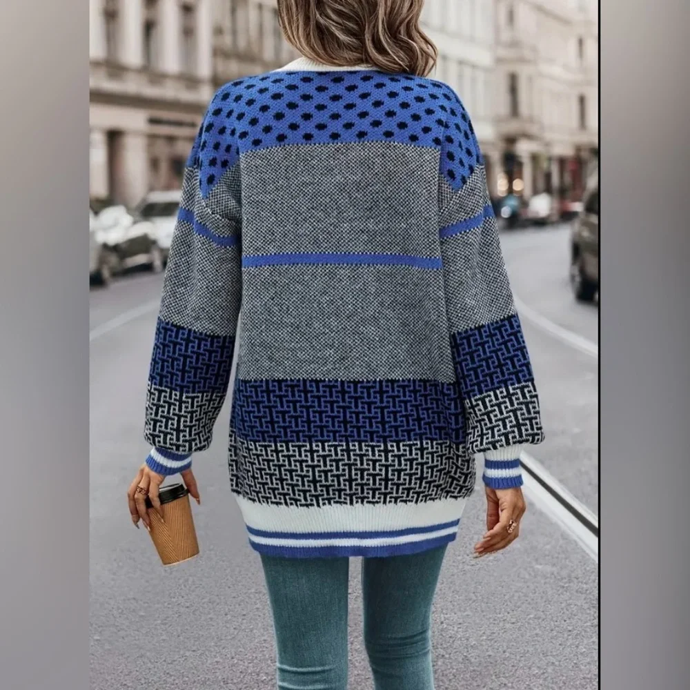 Color Block Geo Print Knit Cardigan Long Sleeve Button Front. Size: Various - Picture 6 of 7